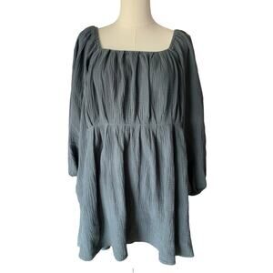 Arula Gauze Tie Back Mini Dress Empire Waist Long Sleeves Flowy Pockets Blue XL